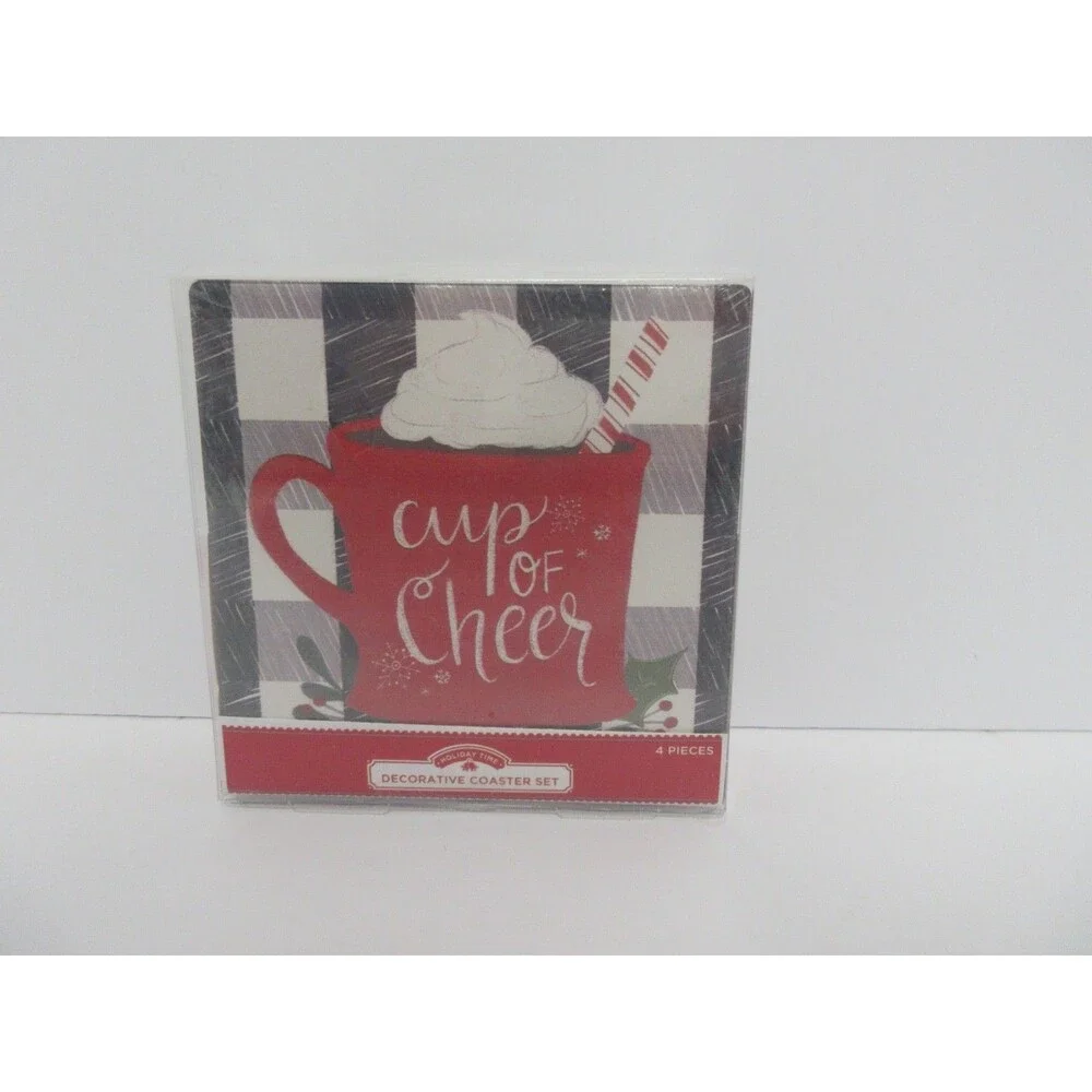 Holiday Time Coasters Christmas Red Pickup Truck & Plaid Cocoa Square Set of 4